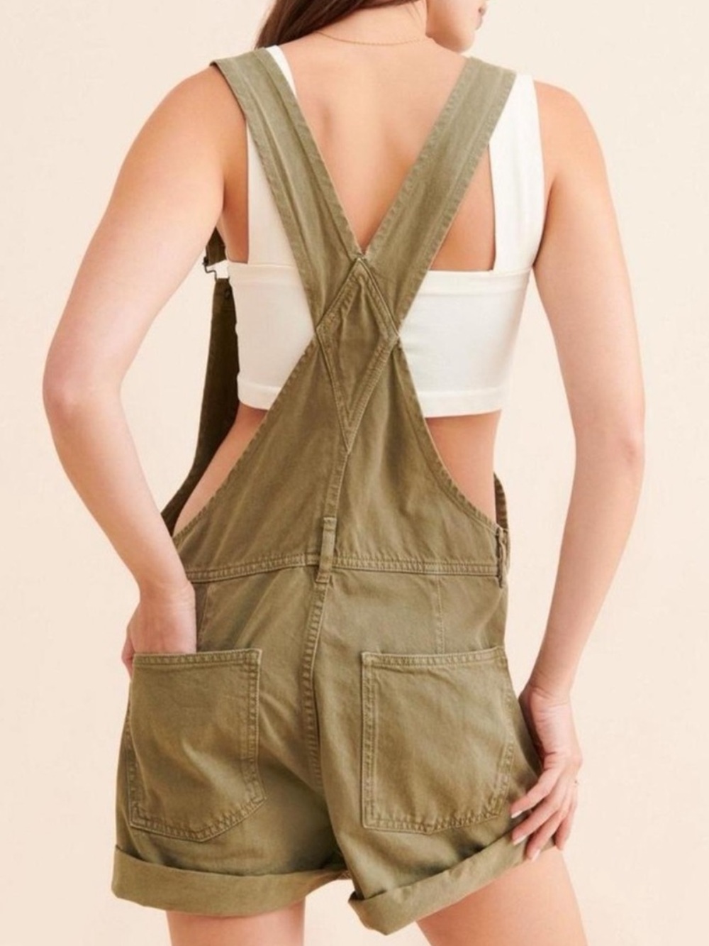 Free People We The Free Ziggy Soft Shortalls Overalls in Olive Green - Picture 2 of 9